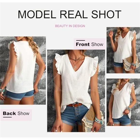 Womens 2024 Cute V Neck Ruffle Sleeveless Shirts Elegant Tank Tops Blouses - Picture 5 of 7